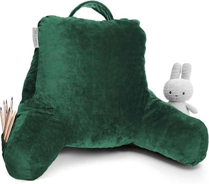 Clara Clark Reading Pillow for Kids & Teens with Shredded Memory Foam, Backrest Pillows for Reading, Watching, and Gaming, Use on The Couch, Bed, or Floor Adjustable Support, Washable Cover Dark Green