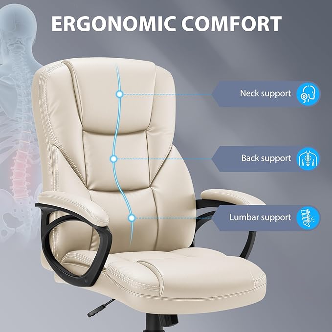 Shahoo Ergonomic Office Chair Executive Adjustable Desk Chair with Flip-up Armrests PU Leather Swivel Computer Chair for Home Office Gaming, Lumbar Support Space Saving 300lbs Capacity, Begie