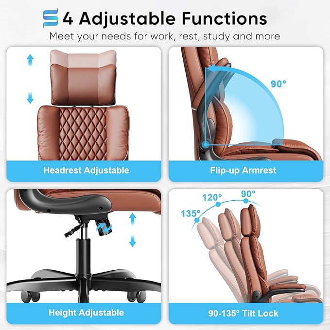 Sytas Ergonomic Office Chair with Adjustable Headrest, Executive Leather Desk Chair with Upgraded Lumbar Support for Lower Back Pain Relief, Thickened Backrest Computer Chair for Home Office, Brown