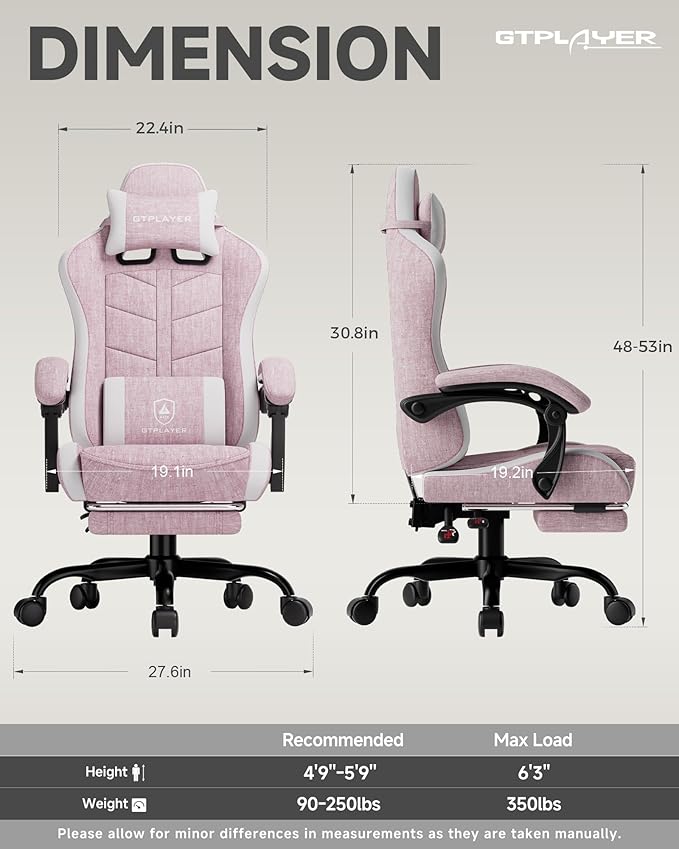 GTPLAYER Gaming Chair for Adults, Ergonomic Computer Gaming Chair with Footrest, Height Adjustable, 90-155° Recline & Removable Headrest Lumbar Support, Valentines Day Gift, Pink
