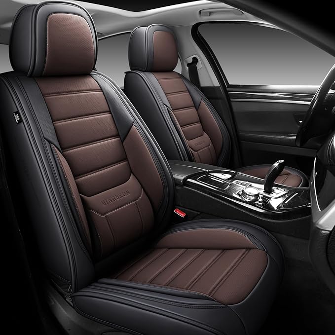 MINGBRON Car Seat Covers Full Set, Brown Car Seat Cover Lumbar Support, Car Seat Protector Waterproof, Nappa Leather Car Seat Cushion, Front Seats and Back Fit for Most Cars