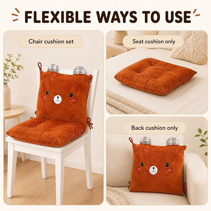 ChezMax Chair Cushion Plush Seat Cushion Back Cushion with Ties, Detachable Thickened Desk Chair Pads, Cartoon Waist Pillow Cushion Decor for Chair Car Office Patio Wheelchair, Cartoon Bear