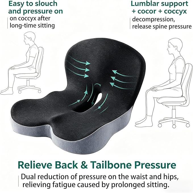 Orthopedic Cushion, Memory Foam Seat Cushion for Pressure Relief, Tailbone & Hip Support, Non-Slip Ergonomic Cushion for Long Sitting, Office Car Gaming Chair(Grey)