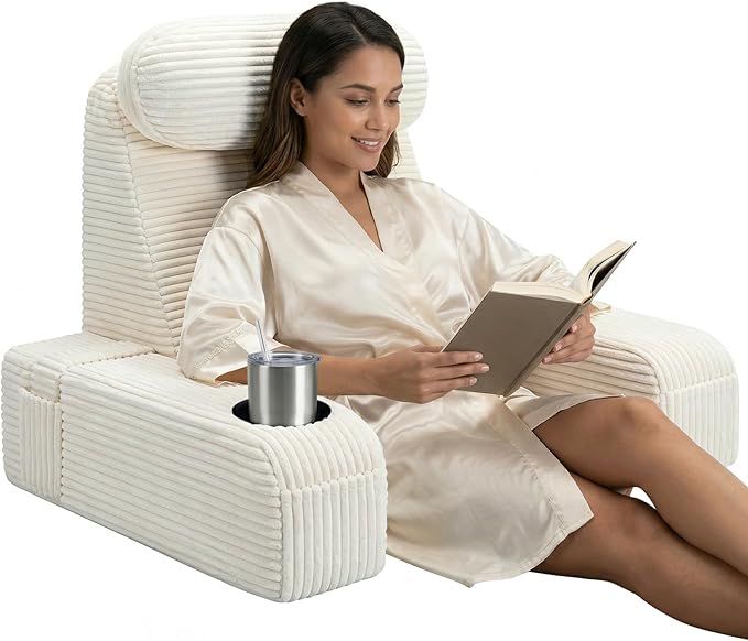 Reading Pillow/Backrest Pillow with Arms, Cup Holder & Phone Pocket - Bed Rest Pillow with Adjustable Headrest, Corduroy Fabric for Back Support in Bed/Sofa/Floor (Off-White, 21 INCH)