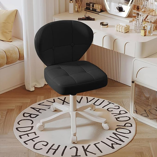 Vanity Chair with Back – Small Armless Office Chair with Wheels, Lumbar Support, PU Leather, Adjustable Height, 360° Swivel for Home, Bedroom, Office Black Set of 1