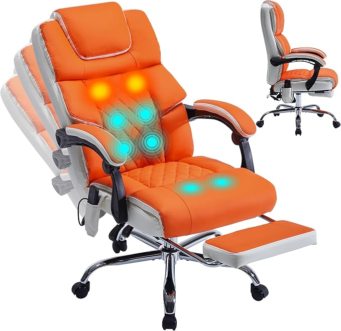 Massage Office Chair 6 Points 500lbs with Footrest,Reclining Desk Chair with Vibration Heat,Executive Big and Tall Chairs for Heavy People,Adjustable Height Ergonomic Orange
