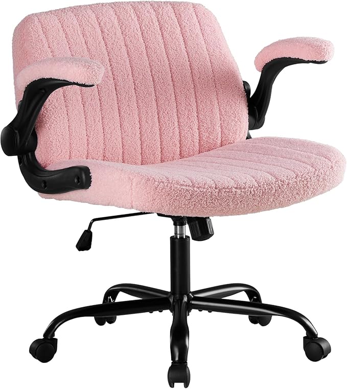 DUMOS Criss Cross Home Office Chair with Wheels, Wide Cross Legged Desk Vanity Chair Comfy Fabric Flip-Up Armrests Adjustable Swivel Chairs for Home Computer Bedroom, Teddy Pink