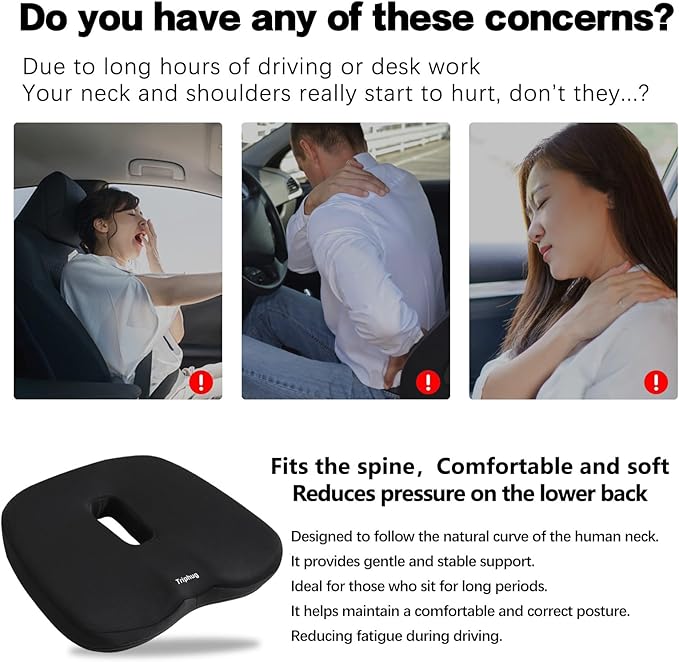 Lumbar Support Pillow & Seat Cushion with Adjustable Strap, Memory Foam Chair Cushion for Sciatica Pain Relief, Washable Cover for Car, Travel and Wheelchair, Black