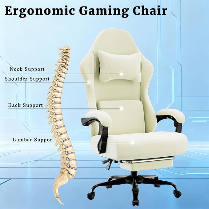 Massage Gaming Chair, Ergonomic Video Game Chair with Lumbar Support and Footrest, Height Adjustable Fabric Computer Chair with Pocket Spring Cushion (Beige)