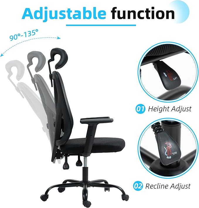 ECOTOUGE Ergonomic High Back Office Chair, Floor Chair with Back Support, Big and Tall Office Chair with Adjustable Headrest, Gaming Chair Mesh Home Office/Study Chair, Black