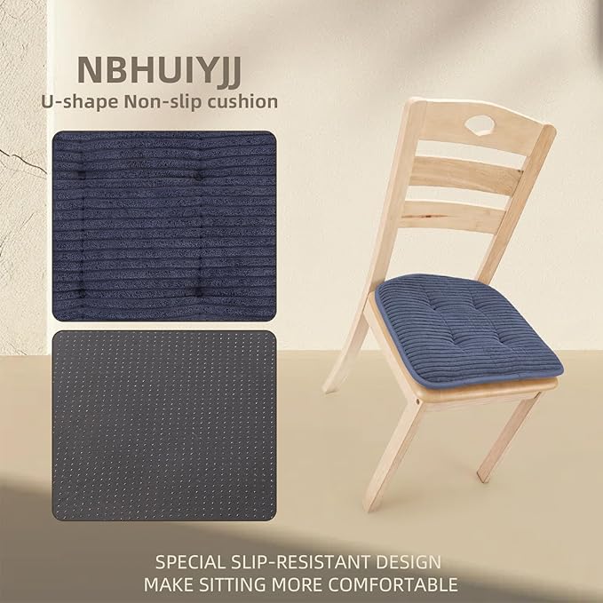 Memory Foam Chair Cushion, U-Shape 17" x 15" Tufted Non-Slip Back Seat Cushion for Dinning Room, Office, Kitchen, 4 Counts, Dark Blue