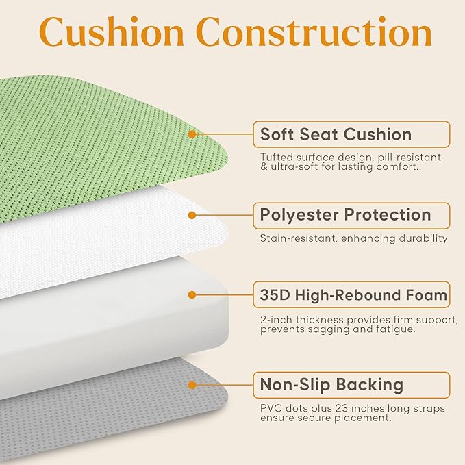 1 Pack Green Chair Cushions with Tie Removable Cover, D-Shape Dining Kitchen Chair Seat Pads Non Slip 17"x16"