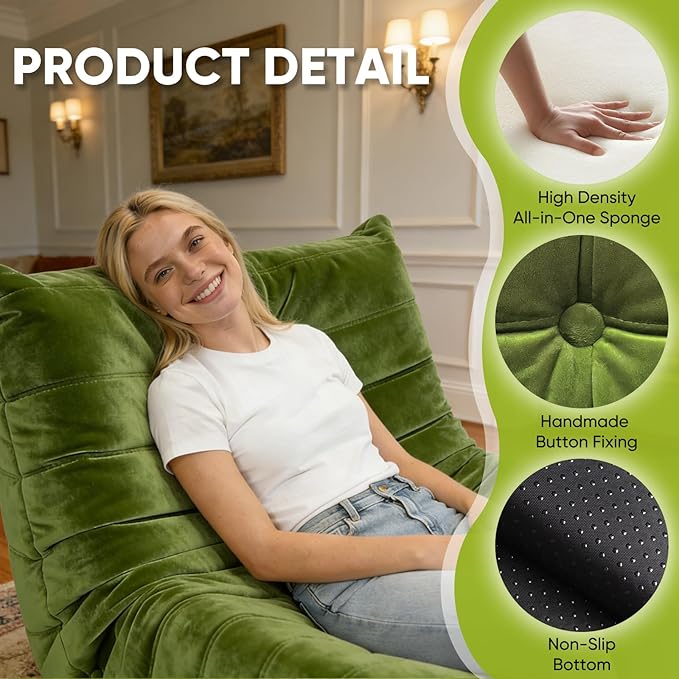 Trenda Bean Bag Chairs for Adults - Comfy High-Density Foam Fireside Chair, Adult Size, Soft Dutch Velvet Cover Beanbag Couch, Versatile for Living Room, Bedroom, Dorm, Reading & Gaming (Green)