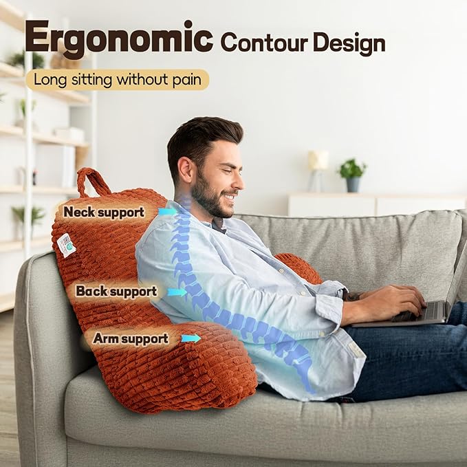 21" Higher Large Reading Pillow for Bed Adult, Back Pillow for Bed Sitting Up with Memory Foam Back Support with Arms Rest for Couch Chair Caramel