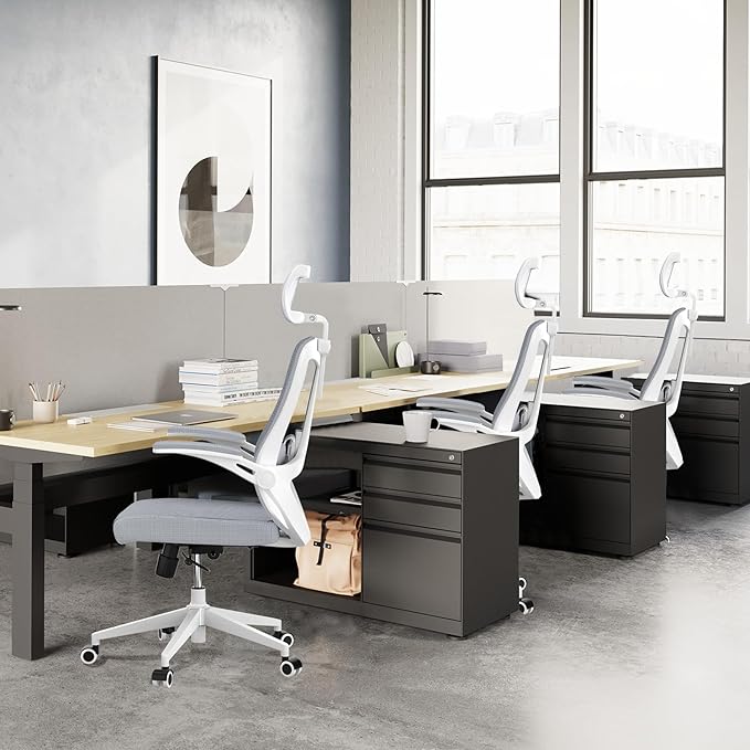 350 LBS Ergonomic Office Computer Mesh Chair - Adjustable Height Rolling Desk Chair with Flip-Up Armrests & High Back Support - Comfortable Swivel Task Chair for Home Office (03grey)