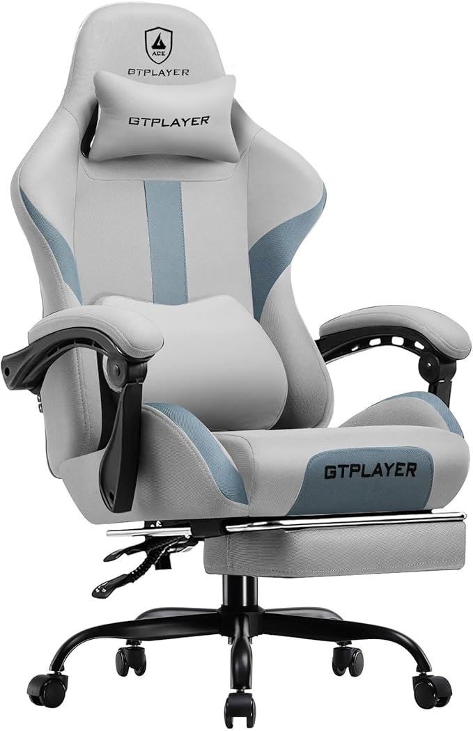 GTPLAYER Gaming Chair with Foot Rest & Pocket Spring Cushion, Breathable Fabric for Home Office Desk, Ergonomic High Back Computer Chair with Headrest & Lumbar Support, Blue/Gray