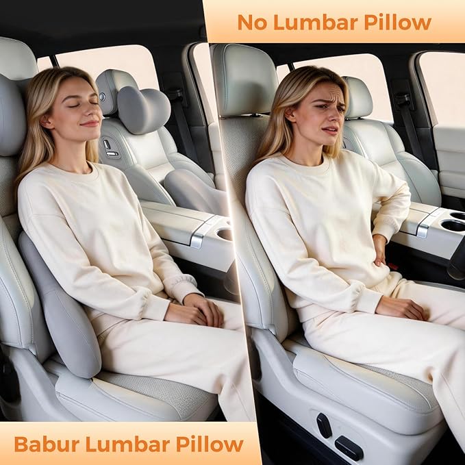 BABUR Lumbar Support Pillow for Car, Ergonomic Memory Foam Support Pillow for Lower Back Pain Relief, Washable Cover, Lumbar Cushion for Driving Seat, Fits Most Cars | Gray