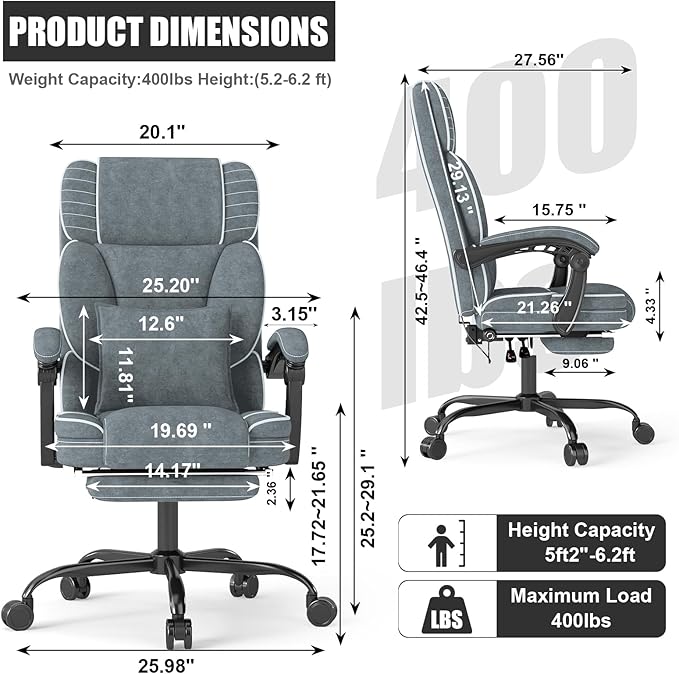 Executive Office Chair with Footrest, Ergonomic Reclining Computer Desk Chair with Adjustable Lumbar Support, 360° Swivel, Breathable Fabric, 400lbs Capacity for Home & Office