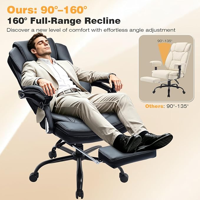 400lbs Reclining Office Desk Chairs with Footrest PU Leather Big Tall High Back Recliner Office Chairs with Wheels, Plus Size Managerial Executive Chair (Black)