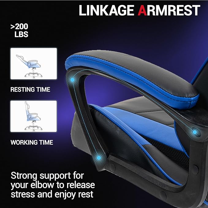 Gaming Chair PU Leather Massage PC Video Game Chair with Lumbar Support for Men Women, Home Office, Height Adjustable, Ergonomic, High Back, Blue