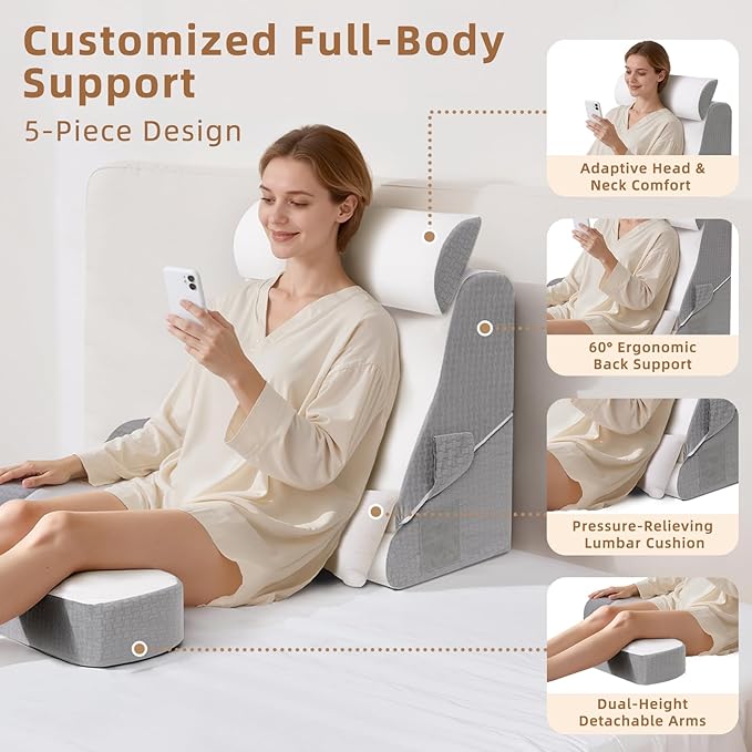 5PCS Reading Pillow for Sitting in Bed Adult, 2 in 1 Foldable Back Wedge Pillow for Sleep, Ergonomic Back Support Pillow with Arms for Watching TV, Gaming, Working, Recovery, 19” White/Grey