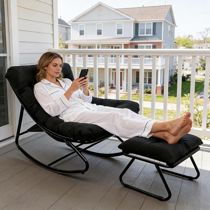 Outdoor Rocking Chair, Rocking Chair with Foot Rest, Comfy Rocker Chairs with Thick Cushion and Frame, Mecedora for Balcony, Living Room, Patio (Black.)