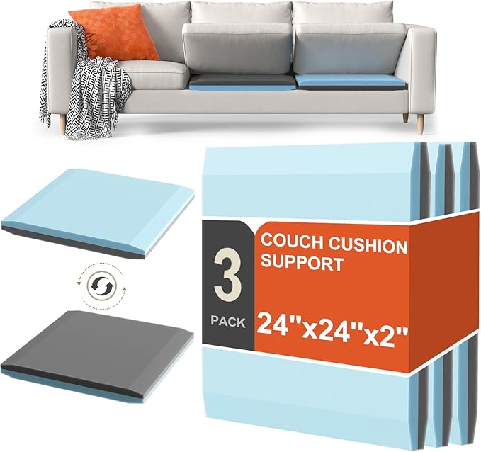 Couch Cushion Support for Sagging Cushions 24''x24'', Two in One Sofa Cushion Support to Repair Sagging Seats, Lift Saggy Seats, Extend Couch's Life, Blue & Grey 3PCS