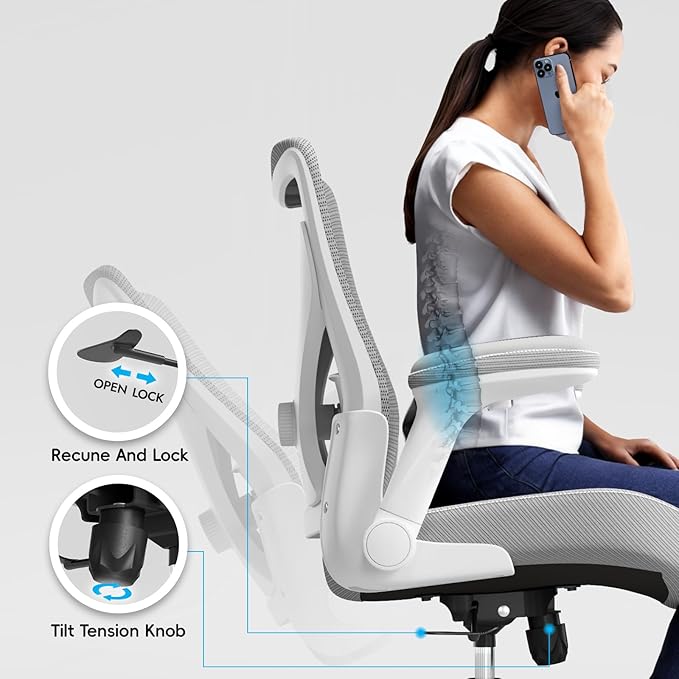 Ergalithic Office Home Ergonomic Desk Chair-Computer X-Shaped Chair Mesh PU Leather with Adjustable Lumbar Support-Executive Chair High Back Flip-Up Arms for Long Hours (White-Grey-No Headrest)