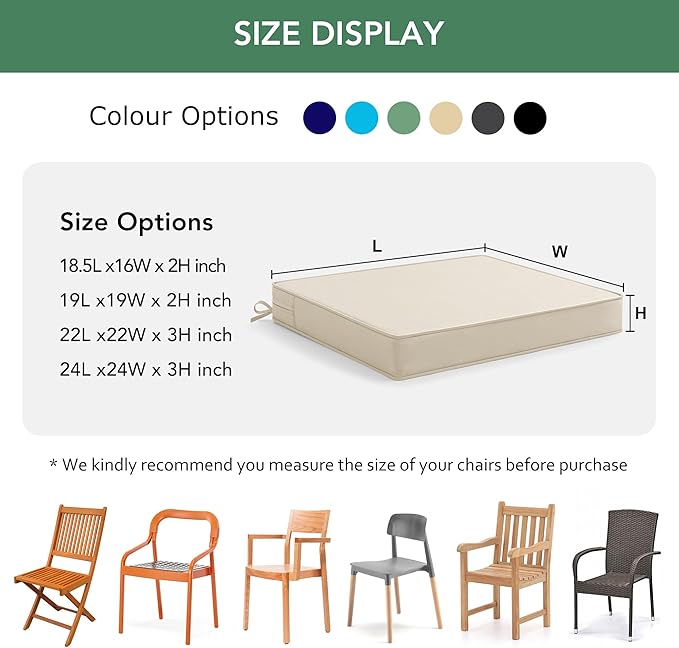 Outdoor Chair Cushions Set of 4: Waterproof & Color Fastness Seat Cushion for Patio Furniture - 22 x 22 x 3 Inch Chair Pads with Ties and Hidden Zipper - Patio Chair Cushion Replacement, Beige