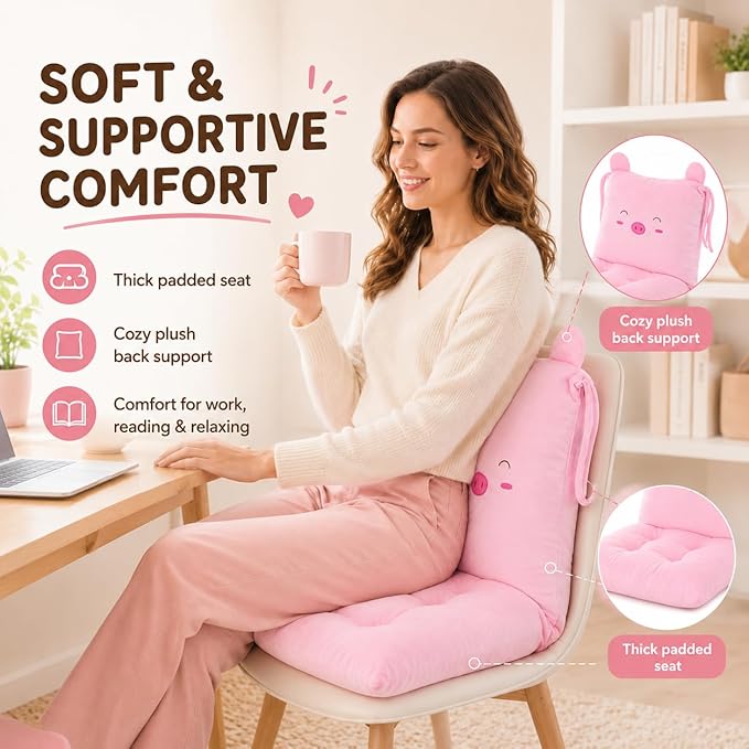 ChezMax Chair Cushion Plush Seat Cushion Back Cushion with Ties, Detachable Thickened Desk Chair Pads, Cartoon Waist Pillow Cushion Decor for Chair Car Office Patio Wheelchair, Cartoon Pig