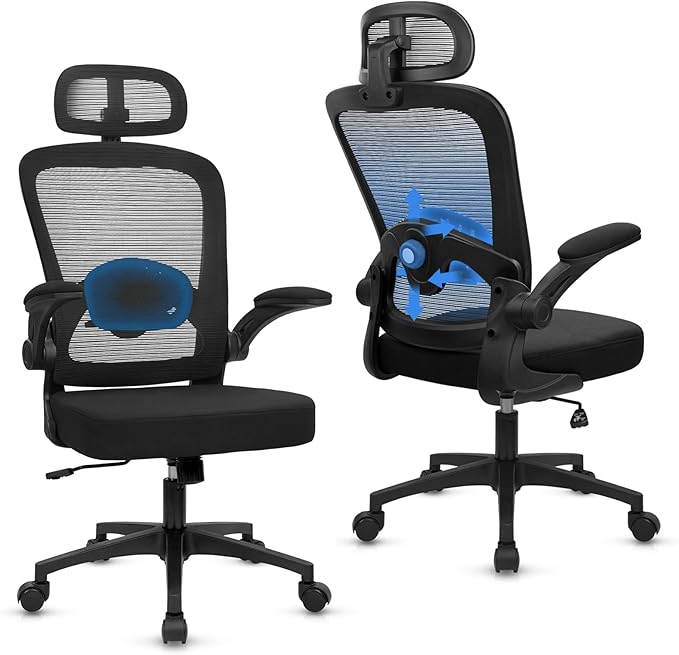 KLASIKA Desk Chairs with Wheels, Ergonomic Mesh Back Home Office Chair with Headrest, Adjustable Lumbar Support Swivel Rolling Computer Chairs with Flip Up Arms for Conference Meeting Room, Black, 2PK
