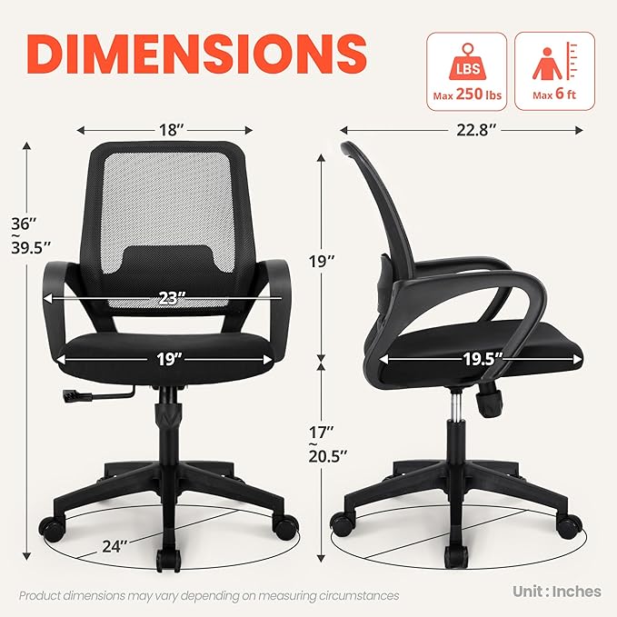 NEO Chair Office Desk Ergonomic Computer Mesh Chair with Lumbar Mid Back Support Adjustable Height Swivel Rolling Wheels Comfy Task Vanity Chair for Home Bedroom Study (All Black)