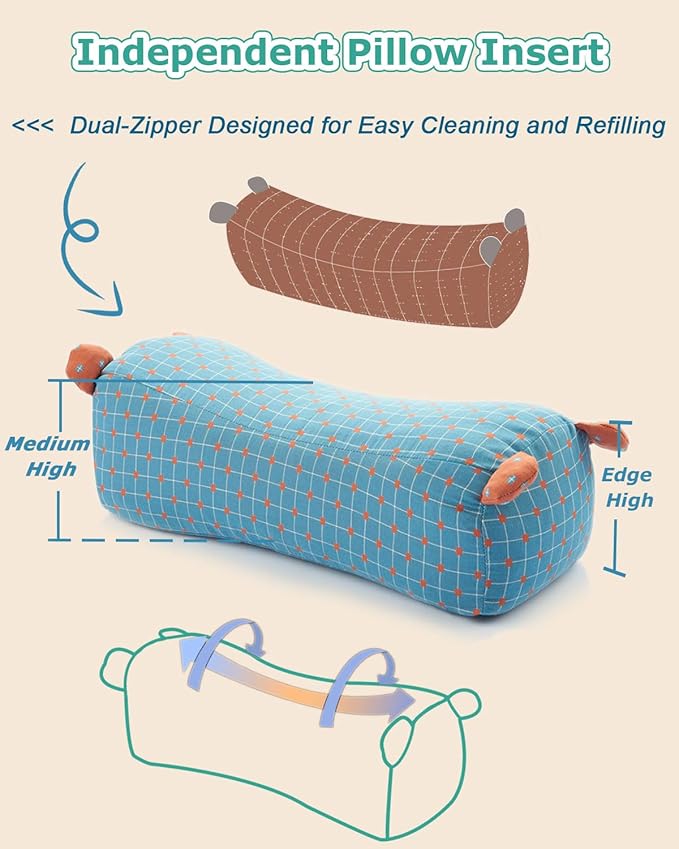 Buckwheat Neck Roll Pillow for Sleeping, Cylinder Pillows Buckwheat Hull Pillow, Adjustable Firm Support Pillow with Pillowcase, Cute Adjust Filling Pillow for Stretch Neck, Blue 16"X6"