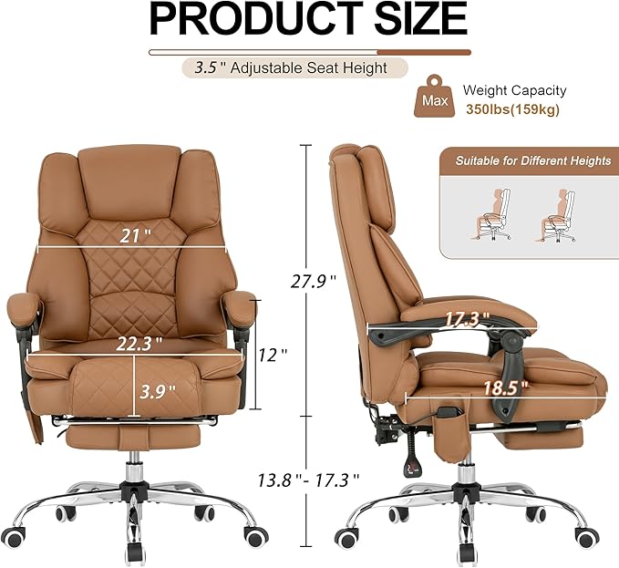 Kneading Massage Office Chair with Heated,90-135° Reclining Executive Office Chair with Footrest,Computer Desk Chair with Wheels,Diamond-Stitched Cushion Leather Office Chair,Brown