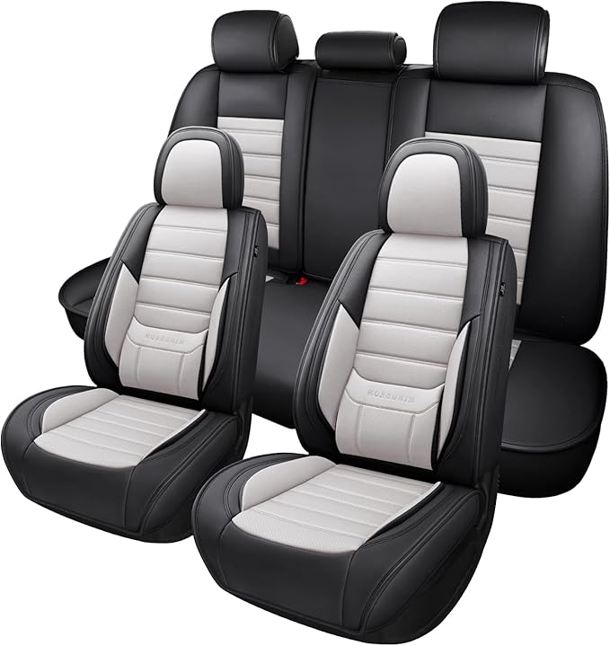 MINGBRON Car Seat Covers Full Set,Black White Car Seat Cover, Car Seat Protector Waterproof, Nappa Leather Car Seat Cushion, Fit for Most Cars