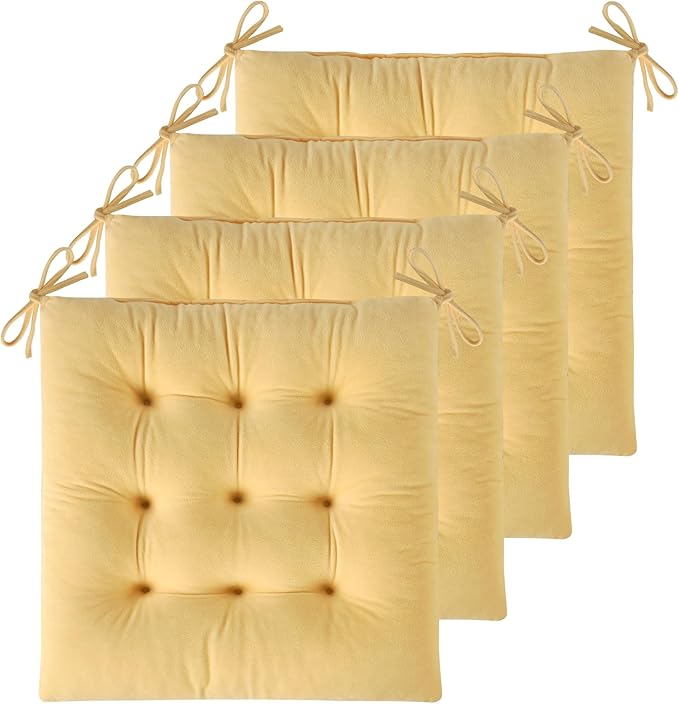 ELFJOY 4 Pack Chair Cushions for Dining Chairs Indoor Kitchen Seat Cushions with Ties Tufted Square Seat Pas for Kitchen Dining Office Room (16" Cream Yellow Velvet)