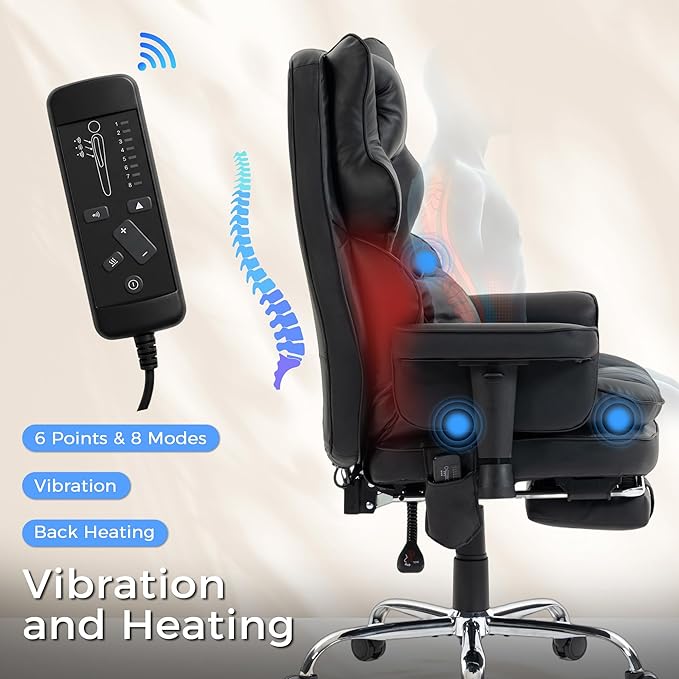 Big and Tall Massage Office Chair with Heat, Extra Wide Double-Layer Pocket Spring Cushion, High Back Reclining Gaming Chair with Adjustable Armrests & Footrest, Heavy Duty Ergonomic Chair, Gray