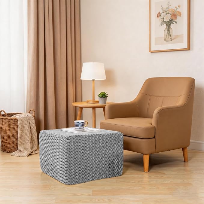 Furry Square Pouf Ottoman – 20"x14" One-Piece Seamless Integral Foam Foot Stool Ottoman Foot Rest Living Room Bedroom Under Desk (Gray)