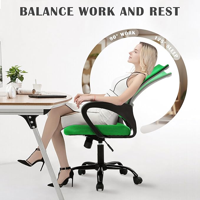 MKDLUFEI Office Chair, Ergonomic Cheap Desk Chair with Lumbar Support, Adjustable Mid Back Task Rolling Swivel for Home Office Student, Adults,Study, Green