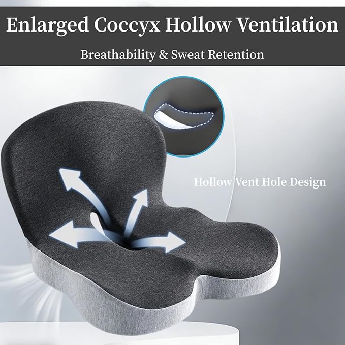 Orthopedic Cushion, L-Shaped Ergonomic Design Seat Cushion, Non Slip Memory Foam Car Cushion with Back Support for Tailbone & Hips Pain Relief, Suitable for Office, Car, Home, Long Sitting