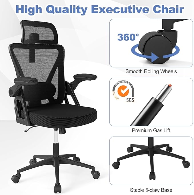 Giantex Ergonomic Mesh Office Chair, Computer Chiar with 2D Headrest, Flip-up Padded Arms & Rocking Function, High Back Desk Chairs for Home, Black