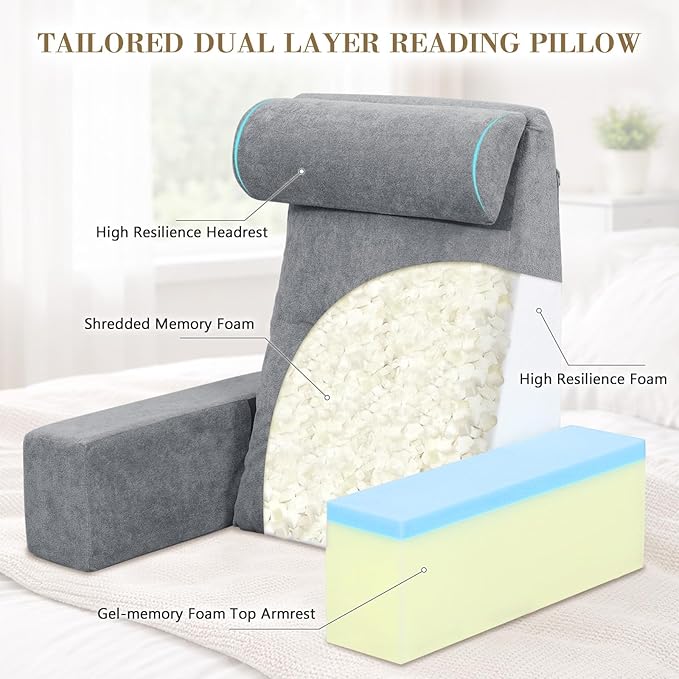Bed Pillow for Sitting Up in Bed, 25” Ergonomic Reading Pillow with Adjustable Headrest & Arms, Dual Layer Memory Foam Back Pillow, Soft Plush Cover, Back Rest for Reading, TV, Gaming Dark Grey