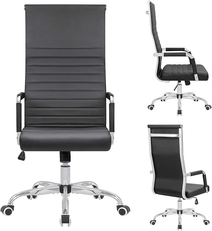 Ribbed Office Chair High Back PU Leather Desk Chair Adjustable Swivel Task Chair Computer Chair with Armrest for Conference Study Leisure (Black)