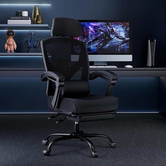 Simple Deluxe Home Office Desk Chair with Footrest, High-Back Mesh Rolling Swivel Reclining Chairs with Wheels, Comfortable Headrest, Lumbar Support, Comfy Arms