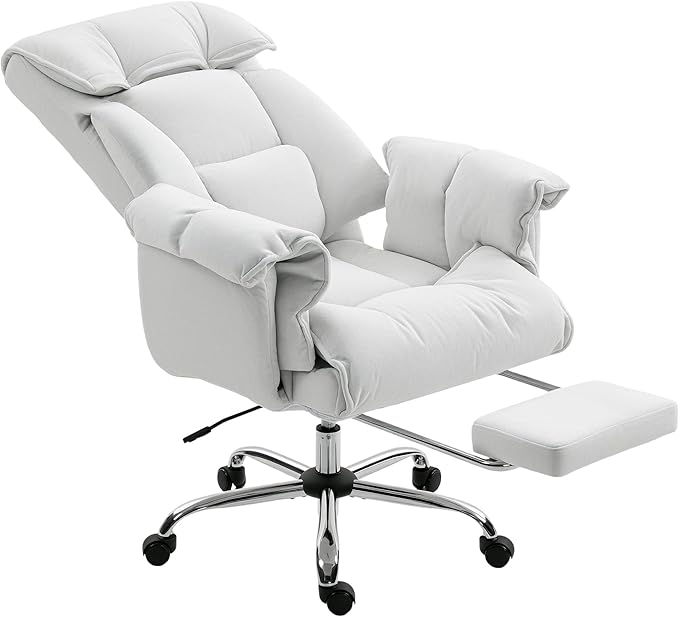 HOMCOM Executive Office Chair Comfy with Foot Rest, Reclining Swivel Computer Desk Chair with High Folding Back, Thick Cushion, Padded Armrest, Adjustable Height, Rolling Wheels, Cream White
