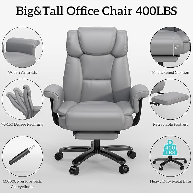 GYI 160 Reclining Office Chair with Footrest, Big and Tall High Back Ergonomic Computer Desk Chair with Cross Legged Seat, Arms, Wheels, Leather, Grey, 400 LBS Capacity