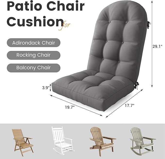 UDPATIO Adirondack Chair Cushion Set of 2 with Ties, Fade-Resistant High Back Outdoor Seat Cushions for Patio, Deck, Porch, Rocking Chairs & Lawn Furniture (Upper & Lower Lumbar Support)，Dark Grey