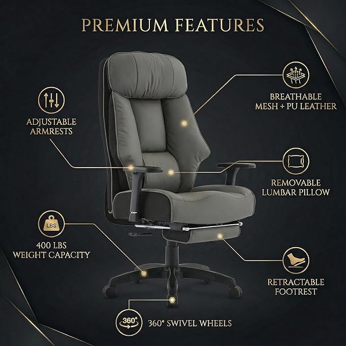 Big and Tall Office Chair 400lbs, Premium PU Leather Executive Chair with Extra Wide Saddle Seat for Cross Legged, 3D Armrests, Footrest, Heavy Duty Ergonomic Reclining Desk Chair (Grey)