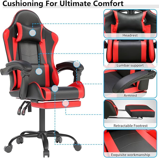OS MOTOR Gaming Chair with Headrest and Lumbar Support, Ergonomic High Back Office Chair, Racing Style Executive Computer Desk Chair, Leather Adjustable Swivel Task Chair for Home Office (Red Black)
