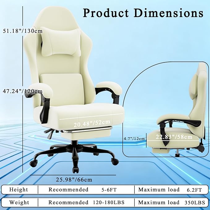 Massage Gaming Chair, Ergonomic Video Game Chair with Lumbar Support and Footrest, Height Adjustable Fabric Computer Chair with Pocket Spring Cushion (Beige)